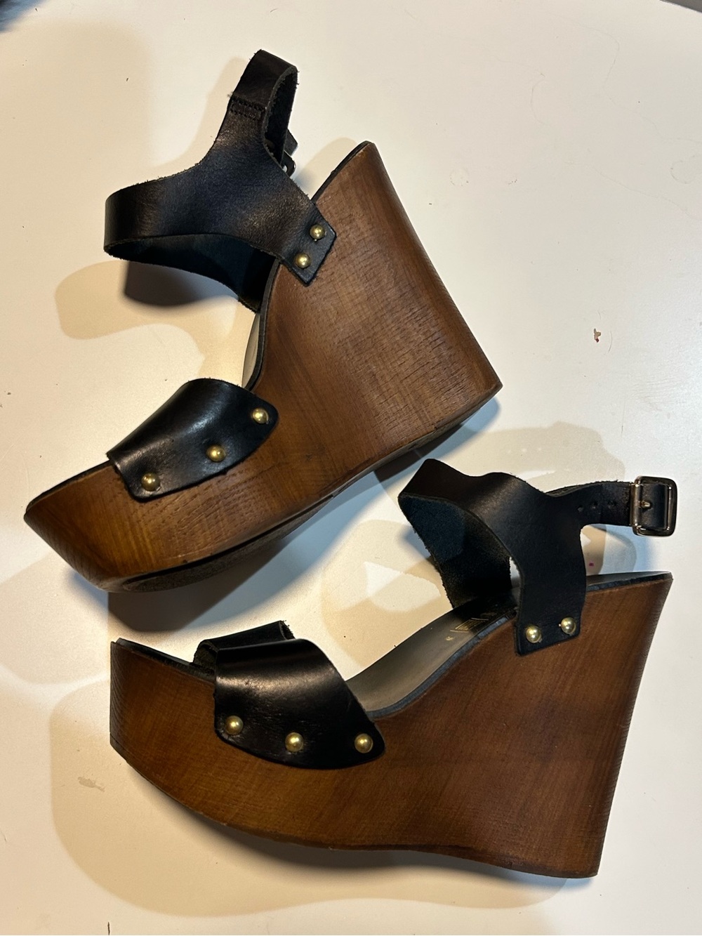 Seychelles Black Leather Studded Wood Wedge Sandals